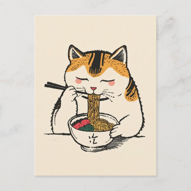 Postal Gato lindo de moda comiendo ramen japonés  (Anverso)