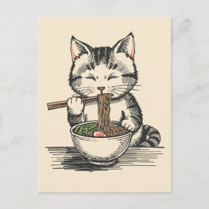 Postal Gato lindo de moda comiendo ramen japonés