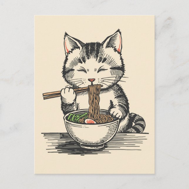 Postal Gato lindo de moda comiendo ramen japonés  (Anverso)