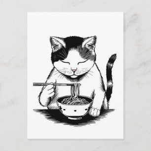Postal Gato lindo de moda comiendo ramen japonés