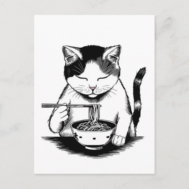 Postal Gato lindo de moda comiendo ramen japonés  (Anverso)