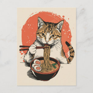 Postal Gato lindo de moda comiendo ramen japonés