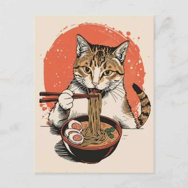 Postal Gato lindo de moda comiendo ramen japonés  (Anverso)