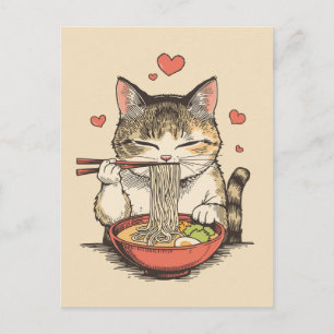 Postal Gato lindo de moda comiendo ramen japonés