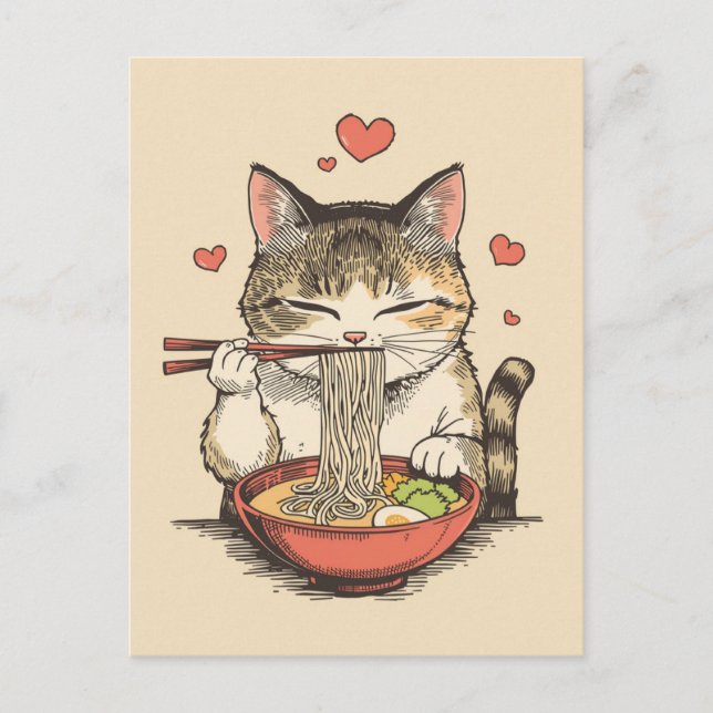 Postal Gato lindo de moda comiendo ramen japonés  (Anverso)