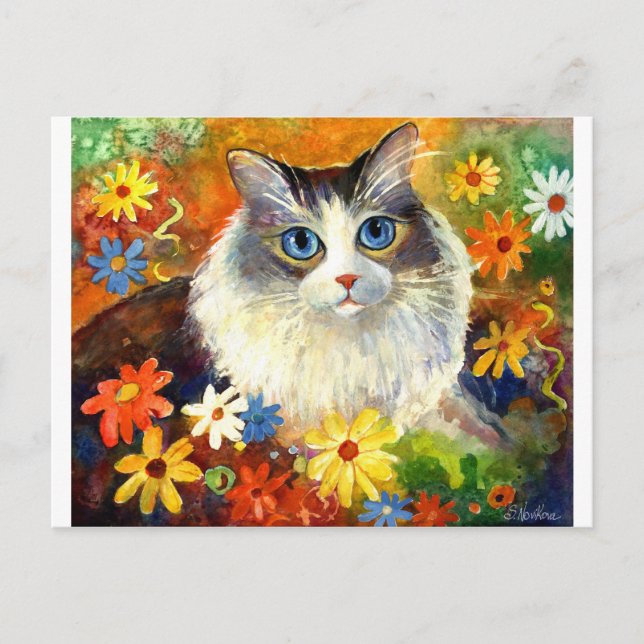 Postal Gato lindo de Ragdoll con flores (Anverso)