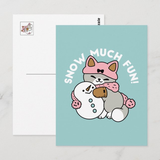 Postal Gato lindo en arte de nieve con muñeco de nieve (Anverso / Reverso)