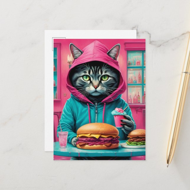 Postal Gato lindo en la cena con un festín de hamburguesa (Anverso/Reverso In Situ)