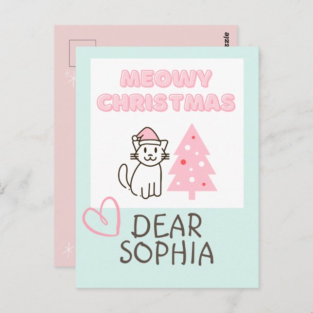 Postal Gato lindo en Santa Hat&Tree Meowy Navidades Paste (Anverso / Reverso)