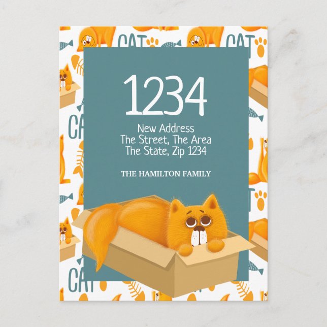 Postal Gato lindo en una caja - Nos hemos mudado a casa (Anverso)