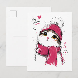 Postal Gato Lindo Mantente Caliente con Gorro y Bufanda d
