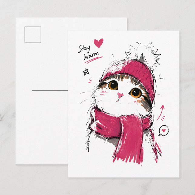 Postal Gato Lindo Mantente Caliente con Gorro y Bufanda d (Anverso / Reverso)