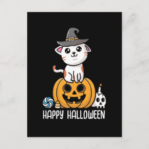 Postal Gato Lindo Sentado en Calabaza Halloween