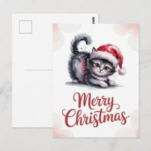 Postal Gato Lindo Sombrero de Santa Feliz Navidad Inviern