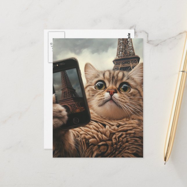 Postal Gato lindo tomándose un selfie en París (Anverso/Reverso In Situ)