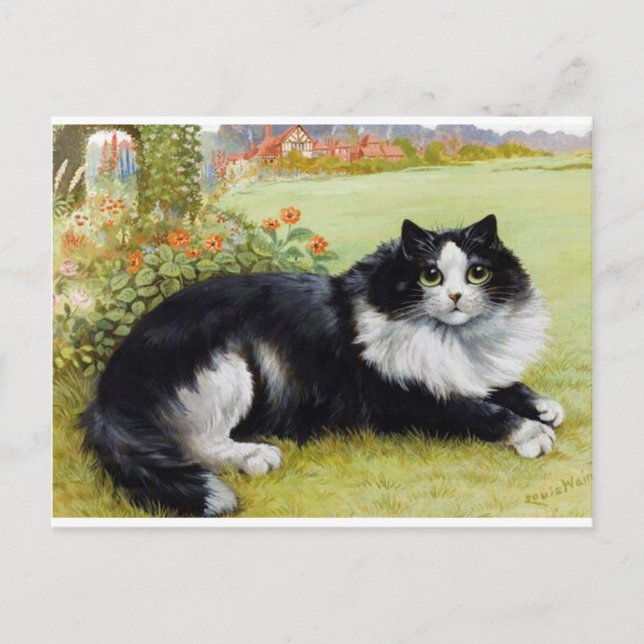 Postal Gato Louis Wain, gato negro y blanco (Anverso)