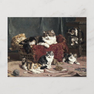 Postal Gato Madre Vintage Con Gatitos Jugadores