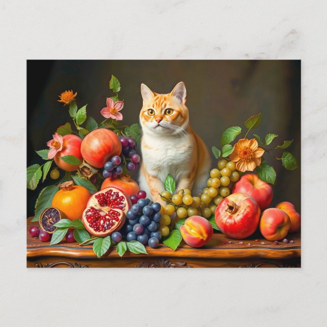 Postal Gato Maestro entre frutas y flores (Anverso)