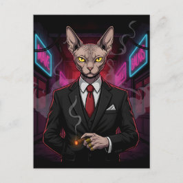 Postal Gato Mafia Sphynx en estilo Noir Neón