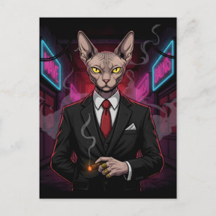 Postal Gato Mafia Sphynx en estilo Noir Neón