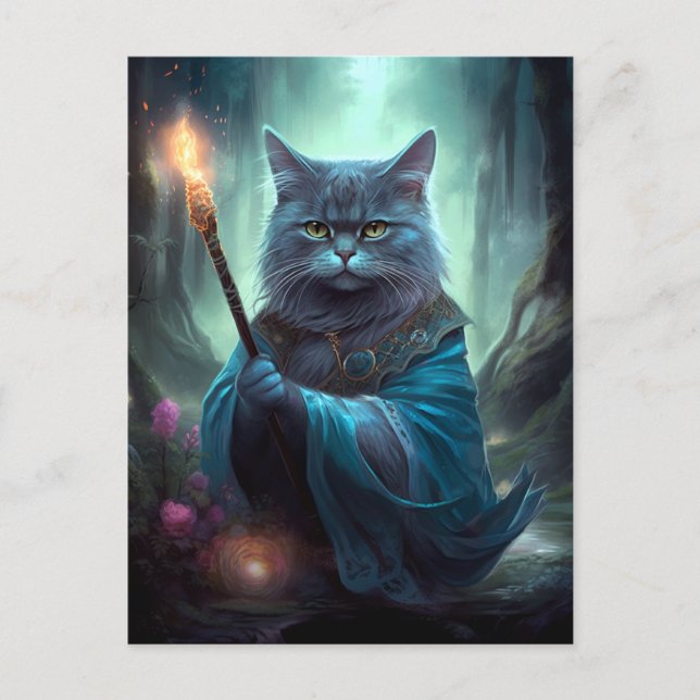 Postal Gato mágico Arte de fantasía caprichosa (Anverso)