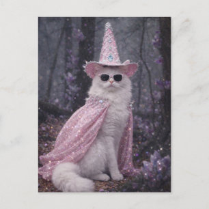 Postal Gato Mago Mágico con Capa y Sombrero Rosa Brillant