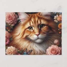 Postal Gato Maine Coon con Flores Rosas 