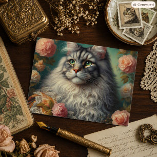 Postal Gato Maine Coon plateado victoriano vintage