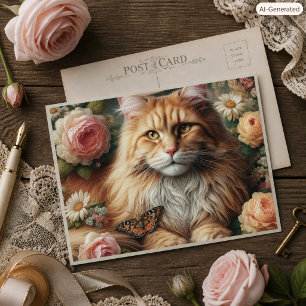 Postal Gato Maine Coon Victoriano con Rosas Rosadas
