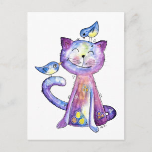 Postal Gato malva chiflado con pájaros