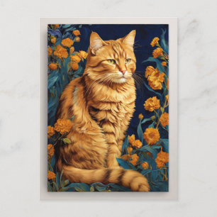 Postal Gato marrón vintage retrato azul botánico Van Gogh