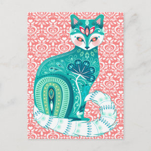 Postal Gato maximalista verde azulado en floral folclóric