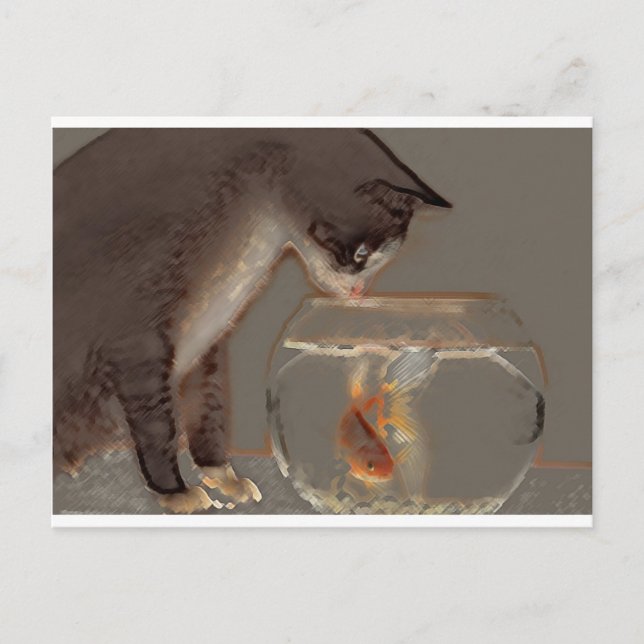 Postal Gato mirando el bol de los peces de colores (Anverso)