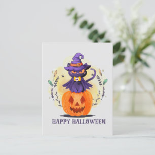 Postal Gato morado de bruja en calabaza - Feliz Halloween
