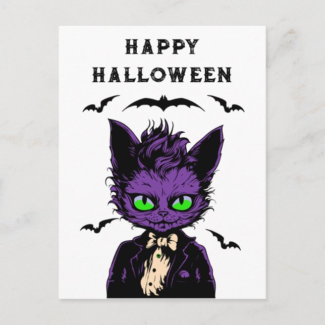 Postal Gato morado de Halloween (Anverso)