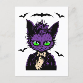 Postal Gato morado de Halloween con murciélagos