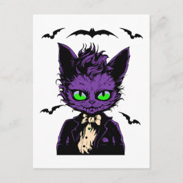 Postal Gato morado de Halloween con murciélagos