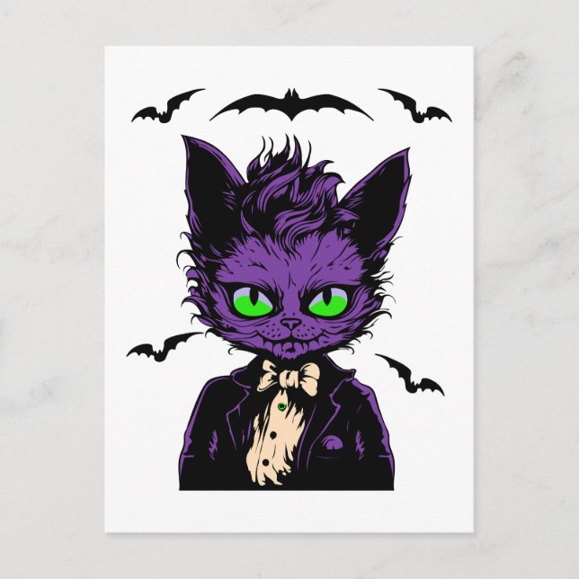 Postal Gato morado de Halloween con murciélagos (Anverso)