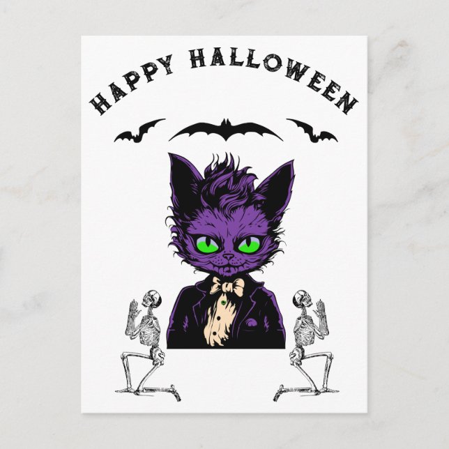 Postal Gato morado de Halloween con murciélagos y esquele (Anverso)