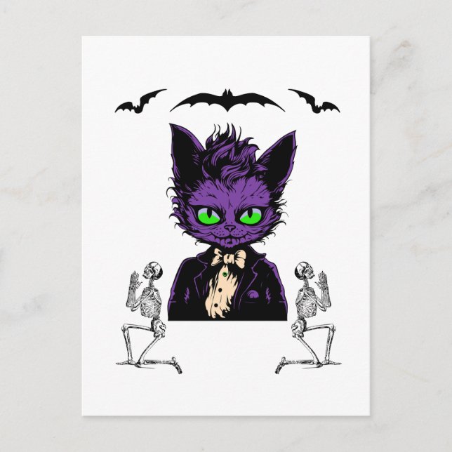 Postal Gato morado de Halloween con murciélagos y esquele (Anverso)