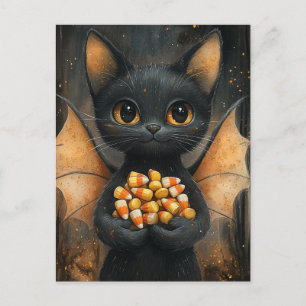 Postal Gato Murciélago de Halloween con Dulces