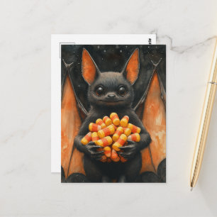 Postal Gato murciélago lindo de Halloween con dulces