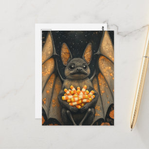 Postal Gato murciélago lindo de Halloween con dulces de H
