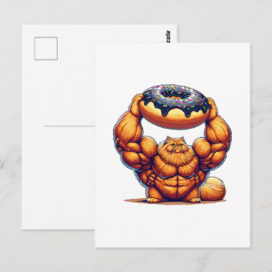 Postal Gato Musculoso Levantando Donut