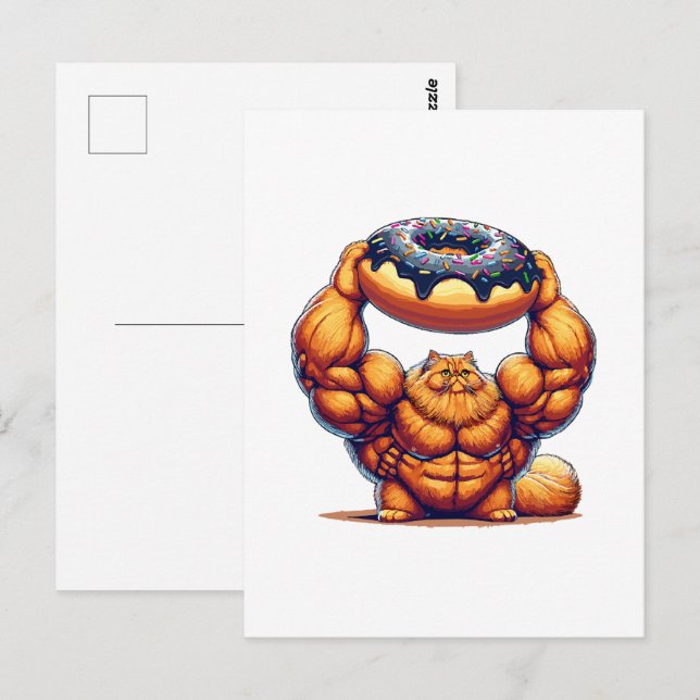 Postal Gato Musculoso Levantando Donut (Anverso / Reverso)