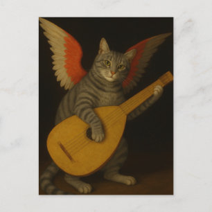 Postal Gato músico alado tocando el laúd Arte