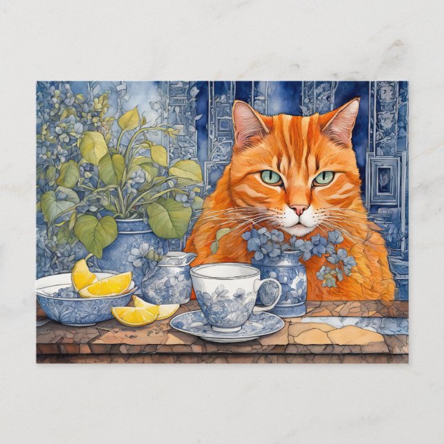 Postal Gato Naranja acuarela con té limón (Anverso)