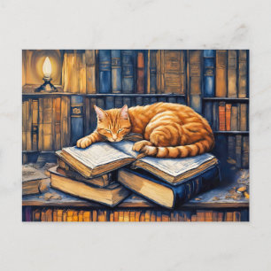 Postal Gato Naranja acuarela durmiendo en libros