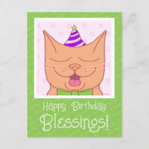 Postal Gato Naranja Adorable Con Sombrero De Cumpleaños B