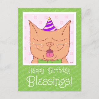 Postal Gato Naranja Adorable Con Sombrero De Cumpleaños B
